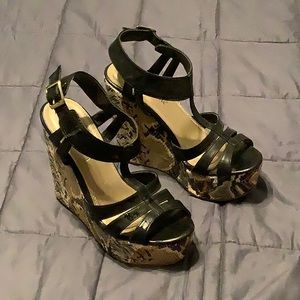 Nature Breeze Black Strappy Platform Wedges with Gold Snake-Print Platform